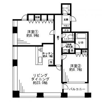 2LDKの間取り図　角部屋